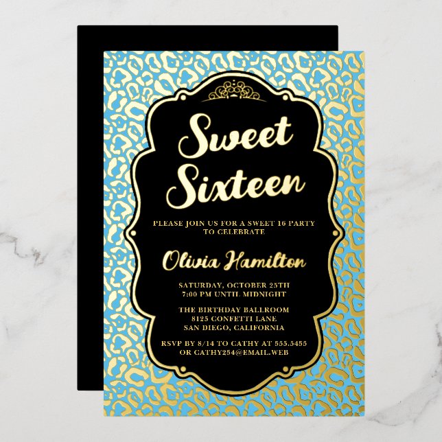 En Aluminium Sweet 16 Blue Leopard Foil Invitation (Recto/Verso)