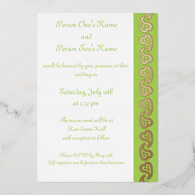 En Aluminium Sweet Paisley Hearts in Peridot Foil Invitation (Recto)