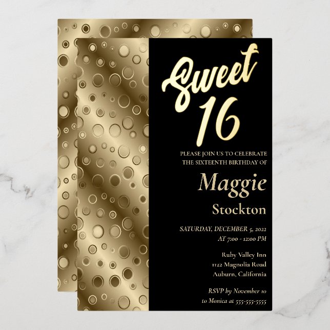 En Aluminium Texturé Gold Border Sweet 16 Invitation (Recto/Verso)