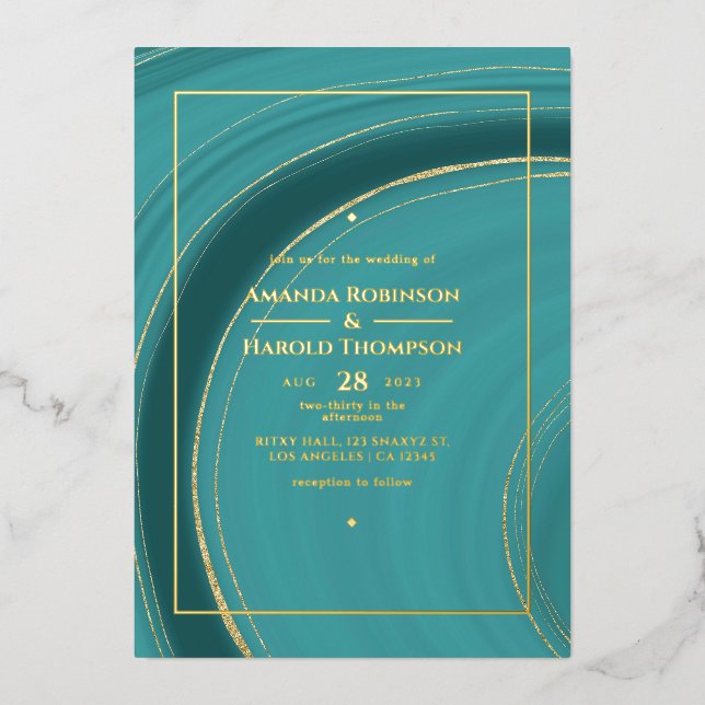 En Aluminium Turquoise - Teal et Agate dorée Invitation de mari (Recto)