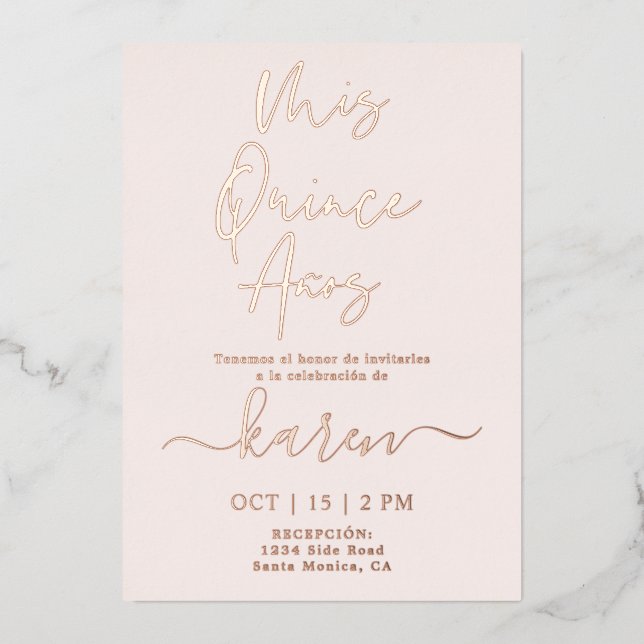En Aluminium Véritable Rose Gold Foil Quinceañera Invitation Fo (Recto)