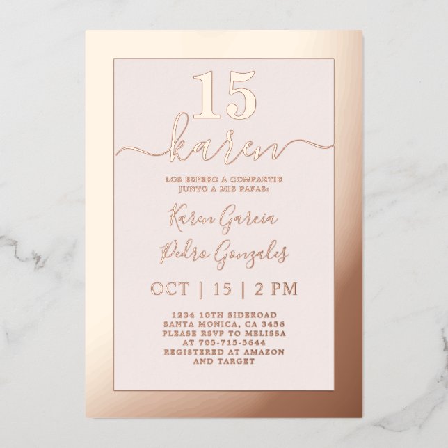 En Aluminium Véritable Rose Gold Quinceañera Invitation (Recto)