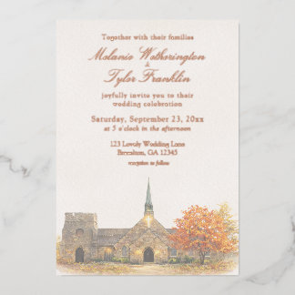 En Aluminium Watercolor Stone Chapel Fall Wedding Invitation