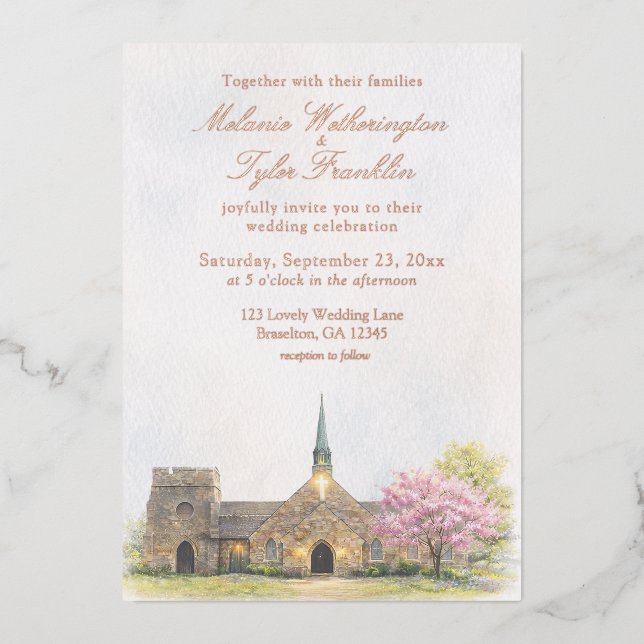 En Aluminium Watercolor Stone Chapel Spring Wedding Invitation (Recto)
