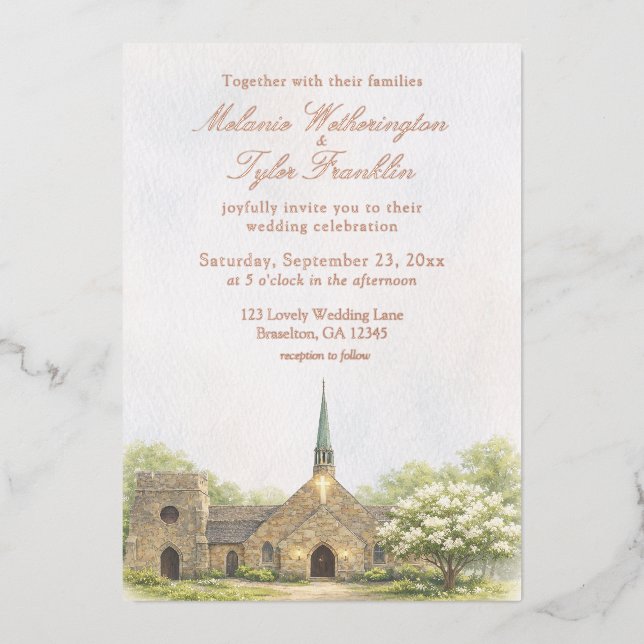 En Aluminium Watercolor Stone Chapel Summer Wedding Invitation (Recto)