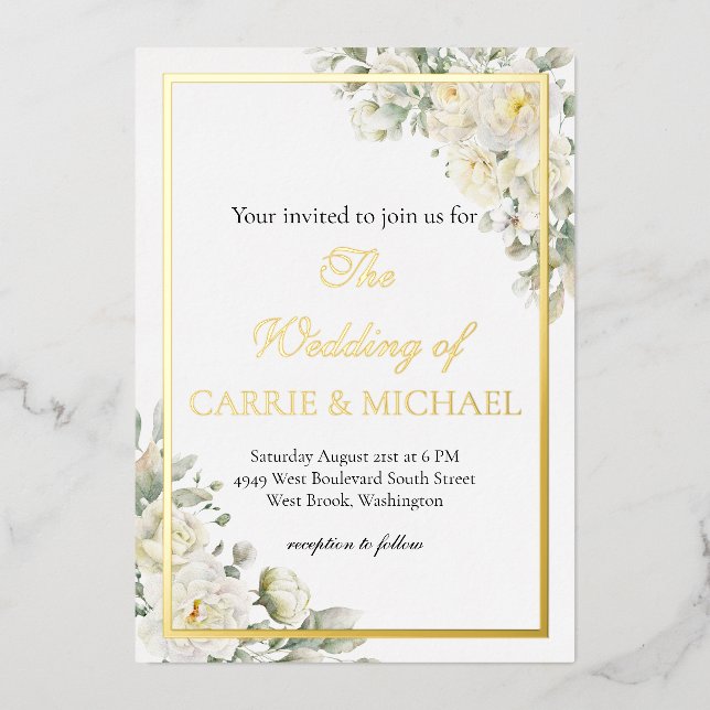En Aluminium White Roses Foil Wedding Invitation (Recto)