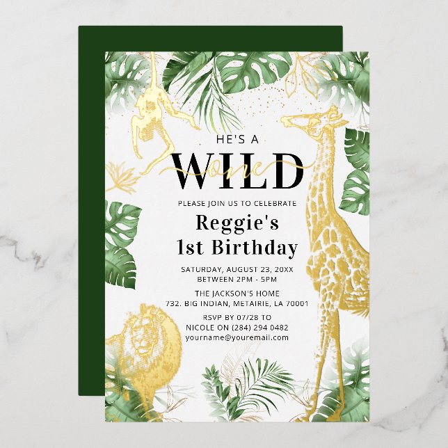 En Aluminium Wild One Jungle Green & Gold Foil Invitation (Recto/Verso)