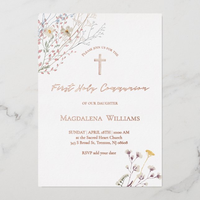 En Aluminium wildflowers | First Communion Invitation (Recto)