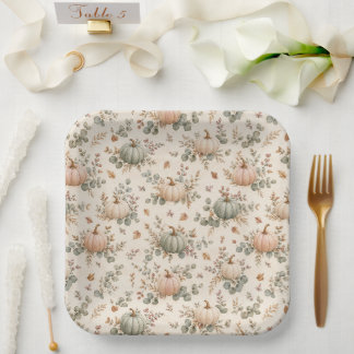 En Carton Assiettes à motif Citrouille et Eucalyptus Pastel