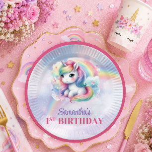 En Carton Assiettes Anniversaire Fille Licorne Rose Violet F