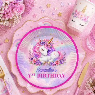 En Carton Assiettes Anniversaire Fille Licorne Rose Violet F
