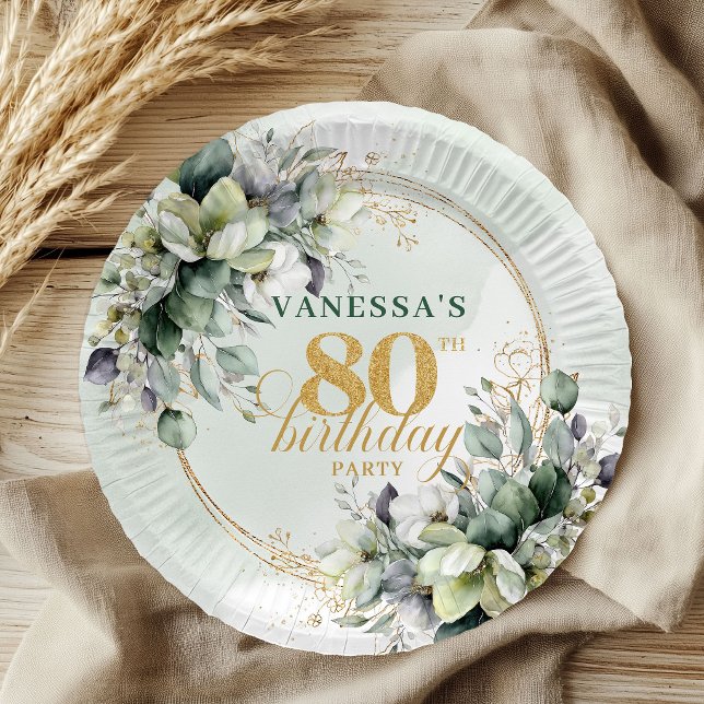 En Carton Assiettes Boho Botanique Vert Blanc 80 ans (Boho Botanical Green White 80th Birthday Plates)