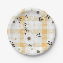 Assiettes carreaux jaunes gais & petites fleurs