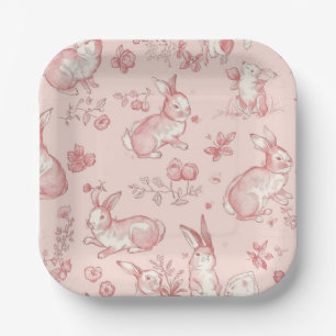 En Carton Assiettes de fête Lapin Toile de Jouy Rose
