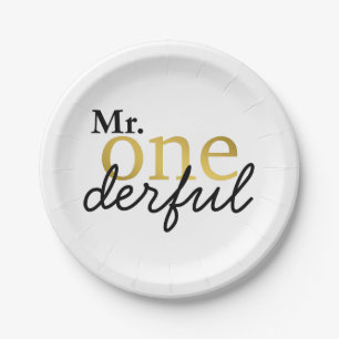 En Carton Assiettes de fête noires et dorées Mr Onederful