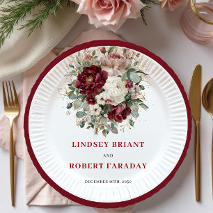 En Carton Assiettes de mariage dorées avec fleurs de Marsala