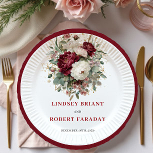 En Carton Assiettes de mariage florales bordeaux bohème élég