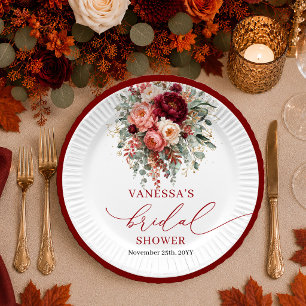 En Carton Assiettes de mariage florales bordeaux or profond