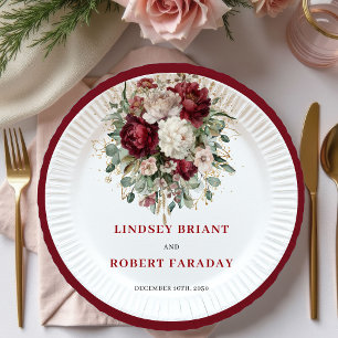En Carton Assiettes dorées bohèmes florales rouge profond él