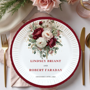 En Carton Assiettes dorées florales burgundy Bohème de luxe