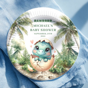 En Carton Assiettes Fête Prénatale Sweet Blue Dino Bébé Naît