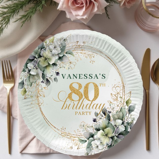 En Carton Assiettes pour 80e anniversaire à feuillage botani (Dusty Green Botanical Foliage 80th Birthday Plates)