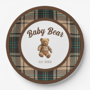 En Carton Assiettes pour Baby Shower à carreaux Ourson Vinta