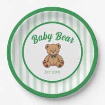 Assiettes pour Baby Shower Vert Ourson Vintage