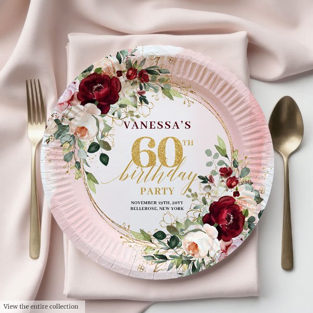 En Carton Assiettes Roses Or Rosé Marsala Bohème Sophistiqué (Sophisticated Boho Marsala Blush Gold Roses Plates

)