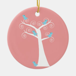 En Céramique 5 Oiseaux Bleus dans un Ornement d'Arbre