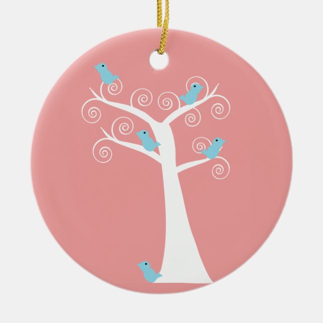 En Céramique 5 Oiseaux Bleus dans un Ornement d'Arbre (Devant)