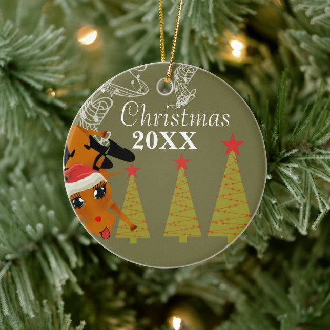 En Céramique Amusant Reindeer Couples de Noël Ornement photo (Arbre)