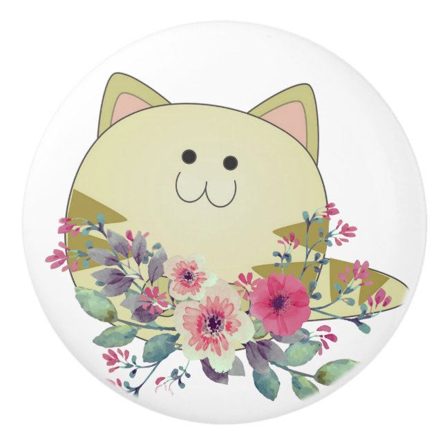 En Céramique Bouton de Porte Fleur Chat Chaton (Devant)