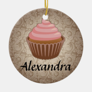 En Céramique Cupcake rose et Brown Personnalisé Ornement rond