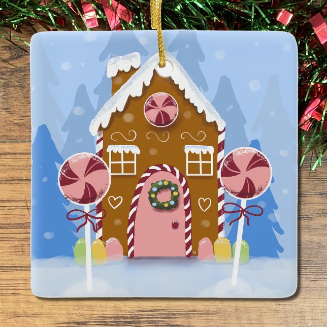 En Céramique Cute Whimsical Gingerbread Maison Ornement Bleu (Cute whimsical gingerbread house Christmas ornament .)