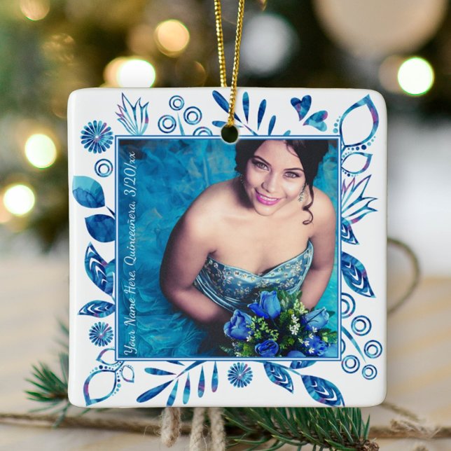 En Céramique Floral Blue Quinceanera ornement photo de Noël (blue floral quinceanera photo ornament blue mis quince keepsake gift flowers hearts royal blue)