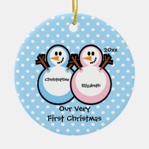 En Céramique Jumeaux Bonhomme de Neige Premier Noël Ornement po
