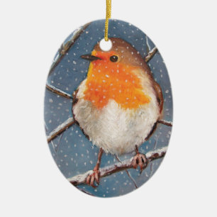 EN CÉRAMIQUE L'ANGLAIS ROBIN DANS LA NEIGE : ORNEMENT