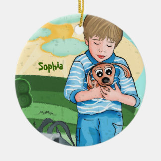 En Céramique Le garçon et son ornement d'enfants de chien