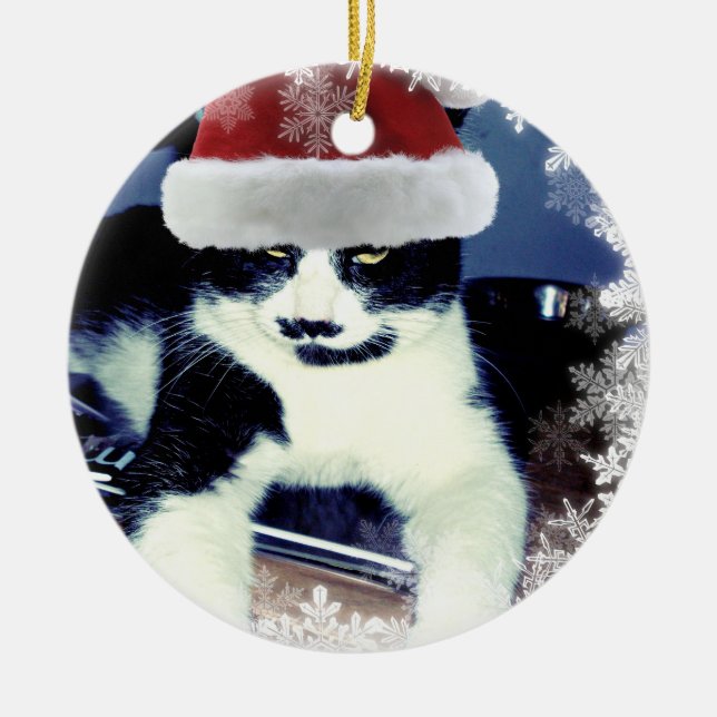 En Céramique Noël Tuxedo Chat rond Ornement (Devant)