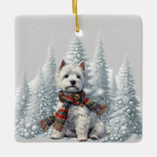 En Céramique Noël Westie avec des arbres enneigés ornement