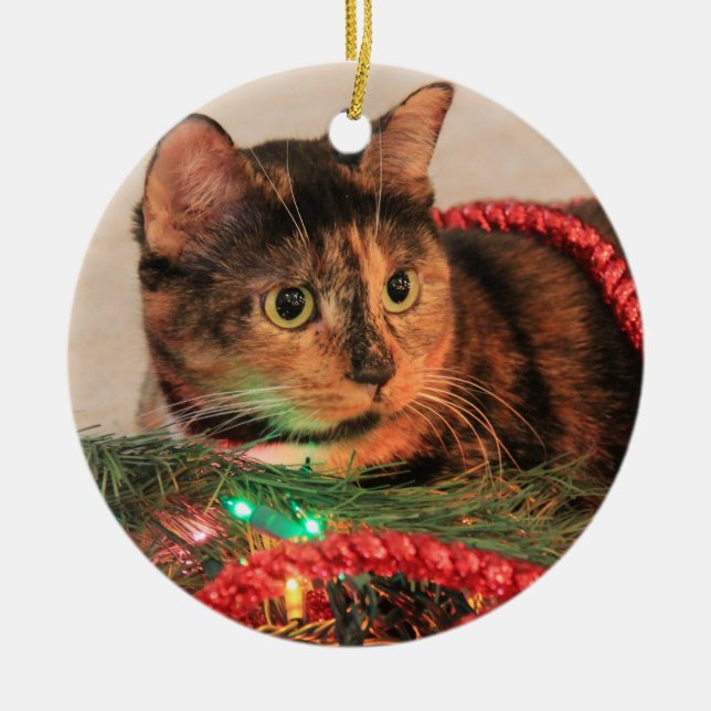 En Céramique Ornement de chat de calicot de Noël (Devant)