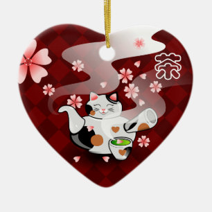 En Céramique Ornement de Maneki Neko Sakura du thé I <3