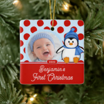 Ornement de photo de premier Noël de bébé manchot 