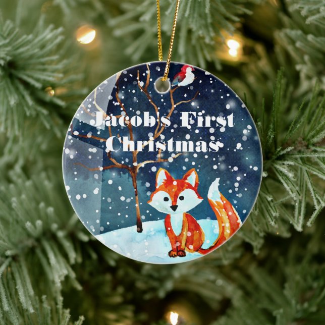 En Céramique Ornement de premier Noël de bébé - Renard aquarell (Arbre)