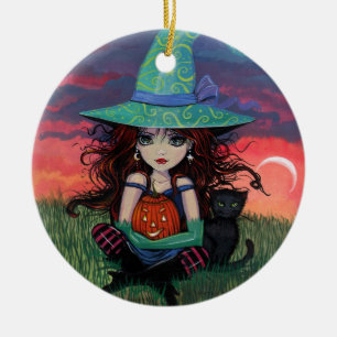 En Céramique Ornement de sorcière et de chat d'Halloween