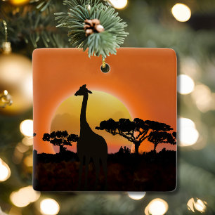 En Céramique Ornement Girafe au Coucher du Soleil Faune Sauva