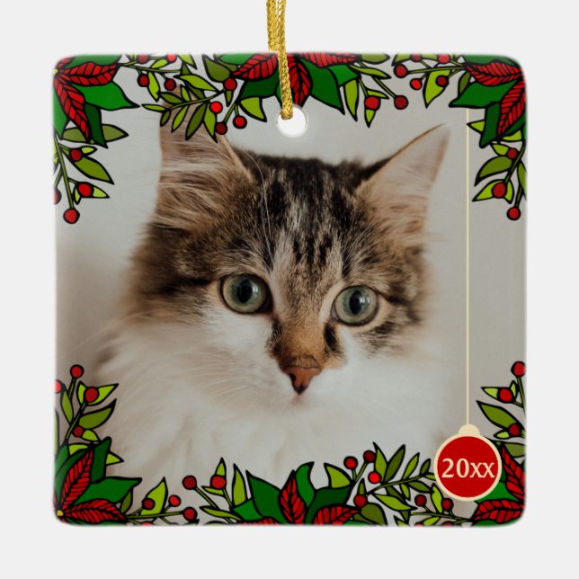 En Céramique Pet Chat Poinsettia Année Boule de Noël Ornement (Devant)