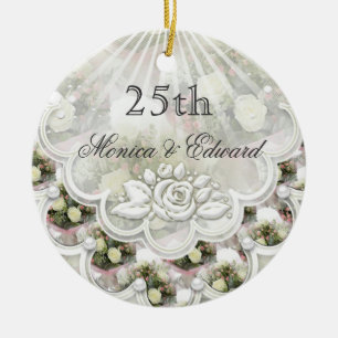 En Céramique Roses et 25ème ornement d'anniversaire de mariage