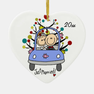 En Céramique Voiture mariage 1er Noël Ornement cardiaque